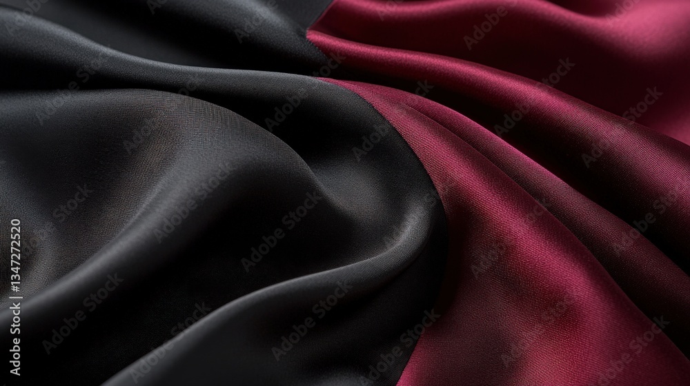 Fototapeta premium Elegant folds of black and wine red satin fabric creating a luxurious and sophisticated textured background