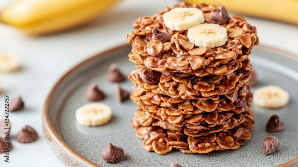 Delicious and Nutritious Banana Oatmeal Cookies Stacked on Plate with Chocolate Chips and Fresh Banana Slices Delicious and Nutritious Banana Oatmeal Cookies Stacked on Plate with Chocolate Chips and Fresh Banana Slices