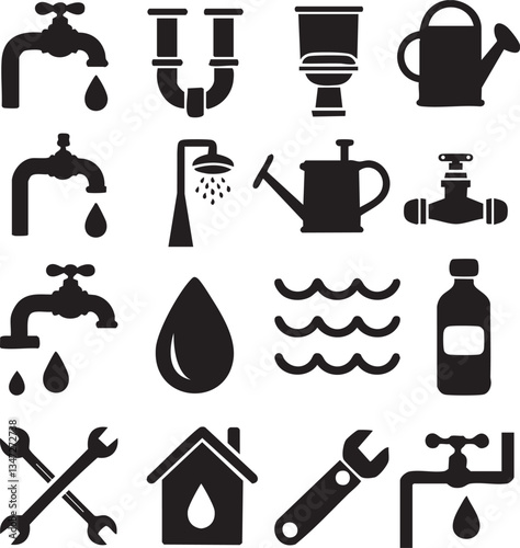 A collection of black silhouette water, plumbing related icons