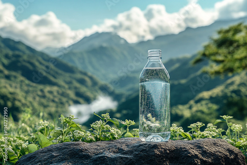 Clear water bottle set against a lush mountain landscape