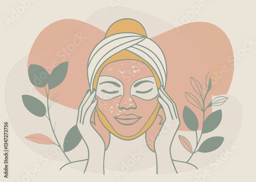 Relaxing Skincare Routine Illustration. Woman with Face Mask