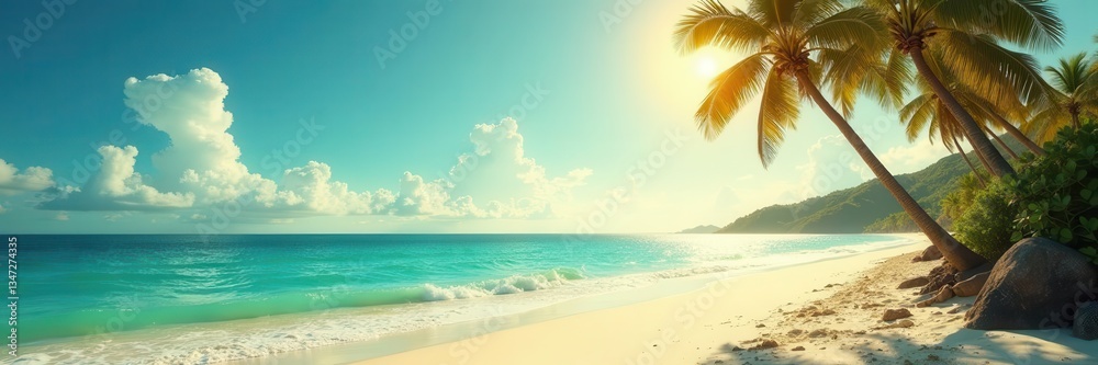 Fototapeta premium Sun-drenched beach, palm trees, vintage film grain, tropical paradise, shore