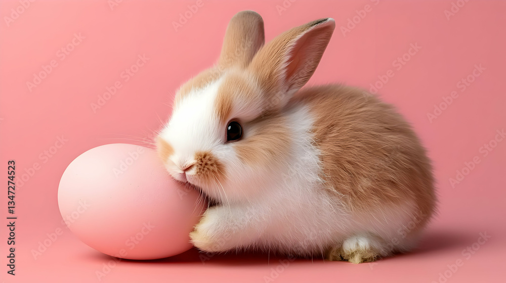 Cute Fluffy Brown and White Bunny Nibbling on a Pink Egg Against a Pink Background Cute Fluffy Brown and White Bunny Nibbling on a Pink Egg Against a Pink Background