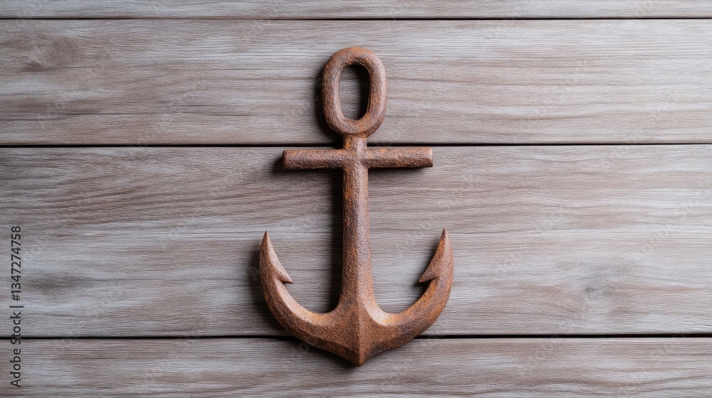 Rustic wooden anchor on a light-grey wooden surface Rustic wooden anchor on a light-grey wooden surface
