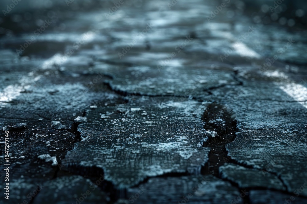 Faded road markings and rugged cracks add character to the aged asphalt, bathed in gentle, soft light Faded road markings and rugged cracks add character to the aged asphalt, bathed in gentle, soft light