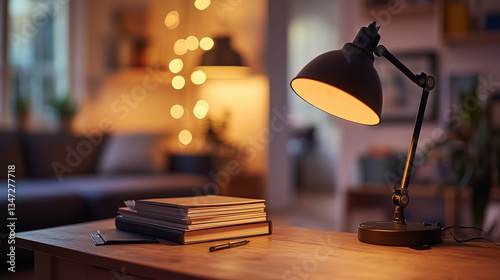A vintage table lamp on a desk with books and a candle in a dark, luxurious bedroom, creating a cozy and elegant atmosphere photo