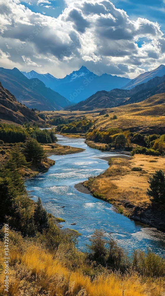 Obraz premium A beautiful river flows through a valley near mountains under clouds