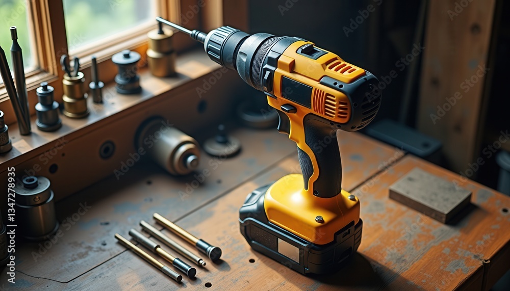 Power drill resting on workbench with tools in background Power drill resting on workbench with tools in background