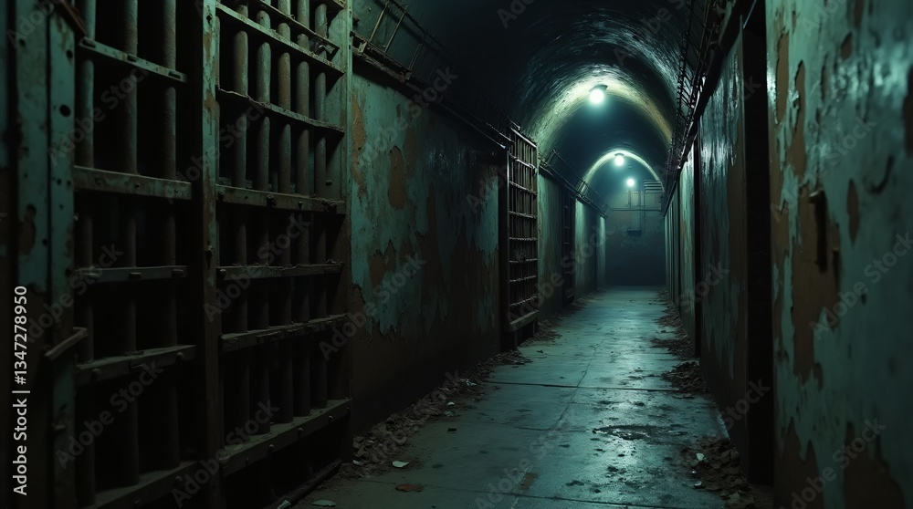 Obraz premium Underground prison in the castle, rusty bars, dilapidated walls, gothic patterns, dark shadows, cinematic shot