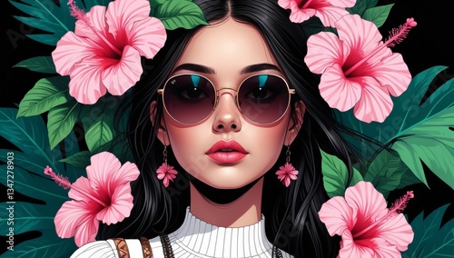 TRENDY WOMAN WITH GOLDEN JEWELRY AND HIBISCUS FLOWERS UNDER THE SUN – A GENERATIVE ART PIECE