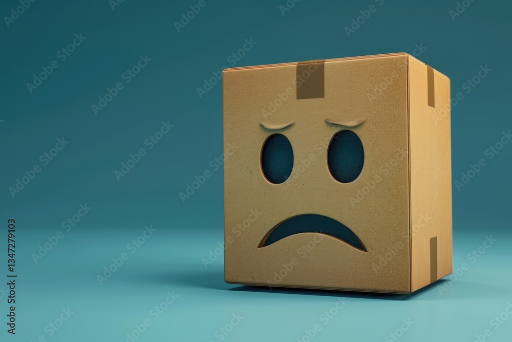Obraz premium A cardboard box with a sad face emoticon, symbolizing disappointment or unhappiness.