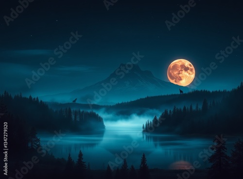 WOLVES HOWL IN THE MYSTICAL FOREST UNDER A FULL MOON