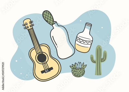 Mexican Culture Illustration. Guitar. Cactus. and Tequila