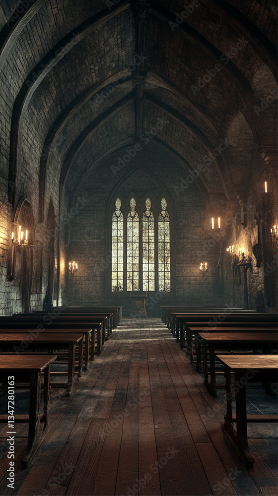 An empty classroom, spacious and quiet, only aged stone walls and wooden flooring, soft candlelight casting gentle shadows, gothic arched ceiling An empty classroom, spacious and quiet, only aged stone walls and wooden flooring, soft candlelight casting gentle shadows, gothic arched ceiling