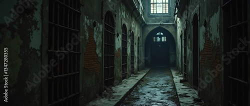 Underground prison in the castle, rusty bars, dilapidated walls, gothic patterns, dark shadows, cinematic shot