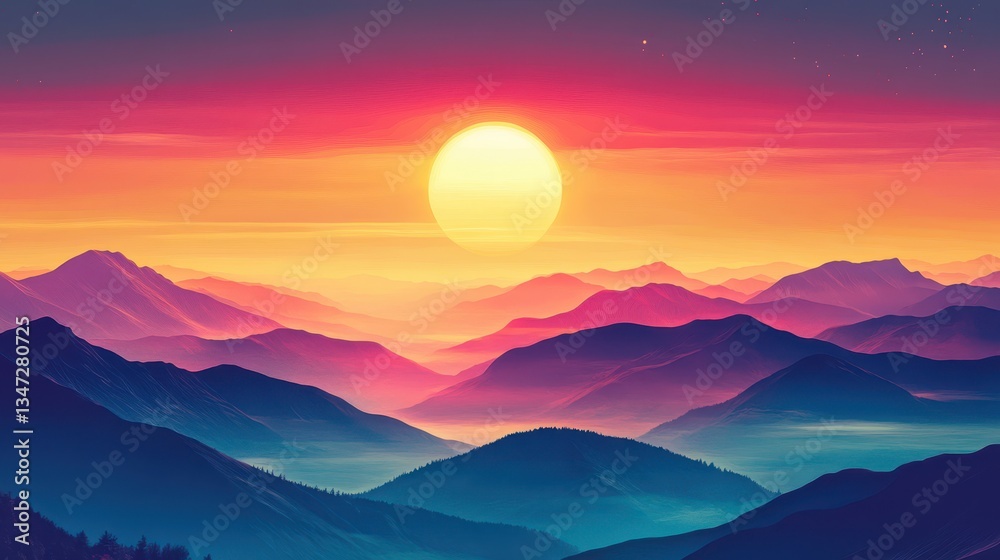 Fototapeta premium Vibrant Mountain Sunset Landscape with Scenic Vista.