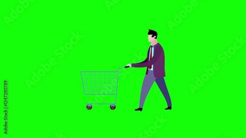 Cartoon man with market shopping trolley green screen. Man in supermarket character. Business people animated version. Business cartoon animations serie greenbox isolated seamless loop.