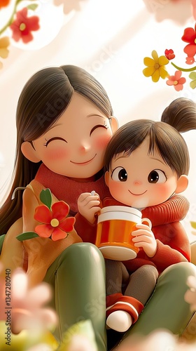 Cozy Mother’s Day illustration with a mother and child sharing tea, featuring Mother’s Day celebration, Mother’s love, and Mother’s bonding moment, Mother's day concept.
