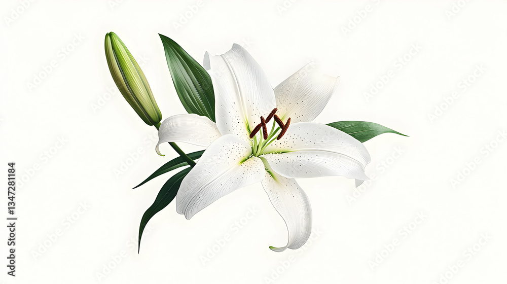 Closeup White Lily With Bud And Green Leaves On White Background Closeup White Lily With Bud And Green Leaves On White Background