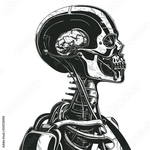 Vector illustration of android skeleton with human skull and small exposed brain in black and white style. Detailed side view of robotic anatomy showing mechanical body with organic elements.