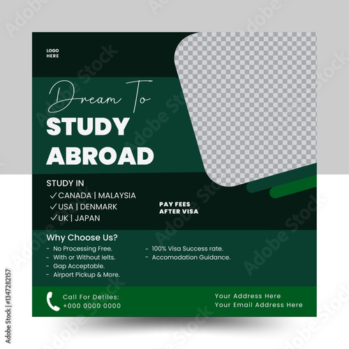 Creative Modern social media post for study abroad and study abroad banner ads template bundle, 
higher education and university admission template promotion square flyer or poster design collection.