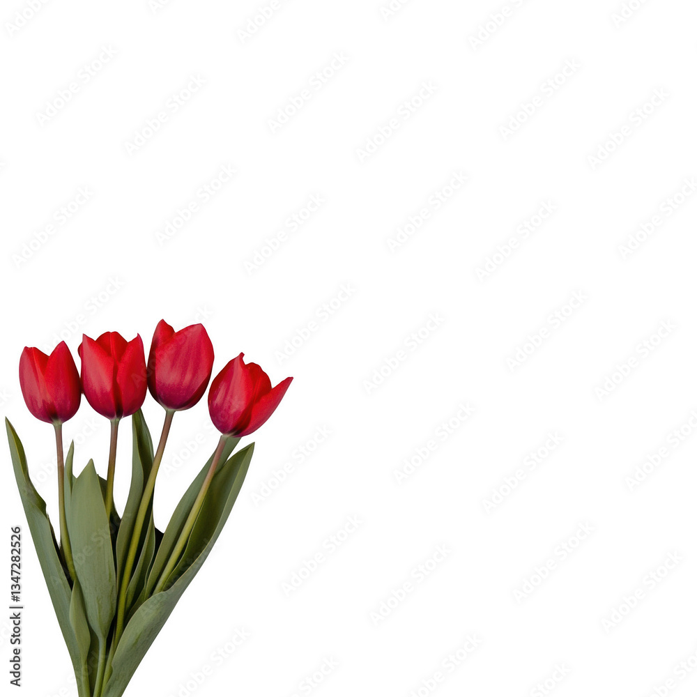 A bouquet of red tulips is displayed on a white background. The flowers are arranged in a way that they are all facing the same direction, creating a sense of unity and harmony A bouquet of red tulips is displayed on a white background. The flowers are arranged in a way that they are all facing the same direction, creating a sense of unity and harmony