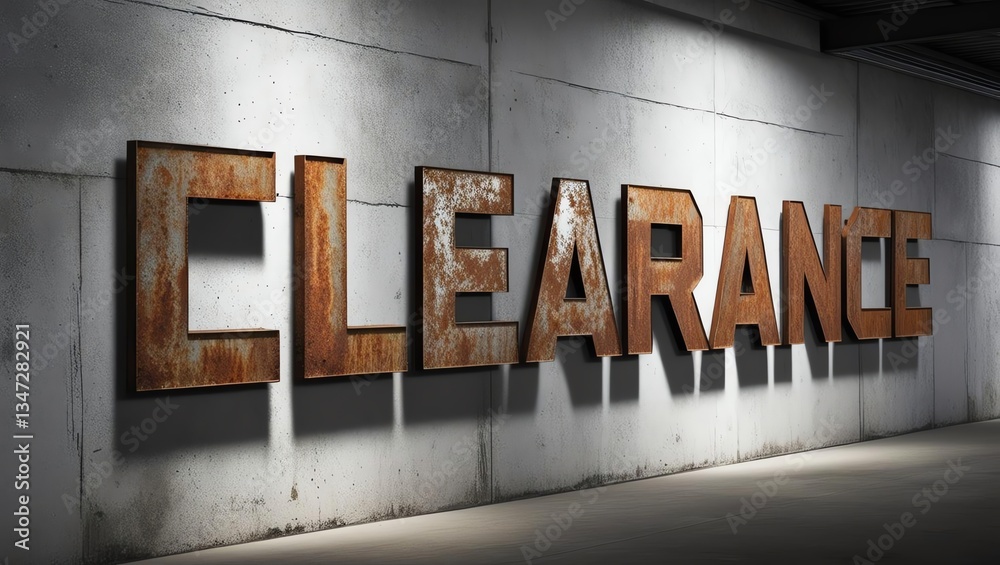 Large rusty clearance sign mounted on a concrete wall. Ideal for promoting sales, discounts, or clearance events. Captures industrial aesthetics with a focus on retail context. Large rusty clearance sign mounted on a concrete wall. Ideal for promoting sales, discounts, or clearance events. Captures industrial aesthetics with a focus on retail context.