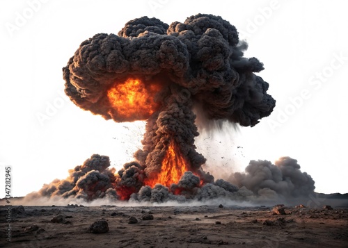 Nuclear explosion mushroom cloud atomic bomb detonation aftermath radiation desert landscape danger o cakhar