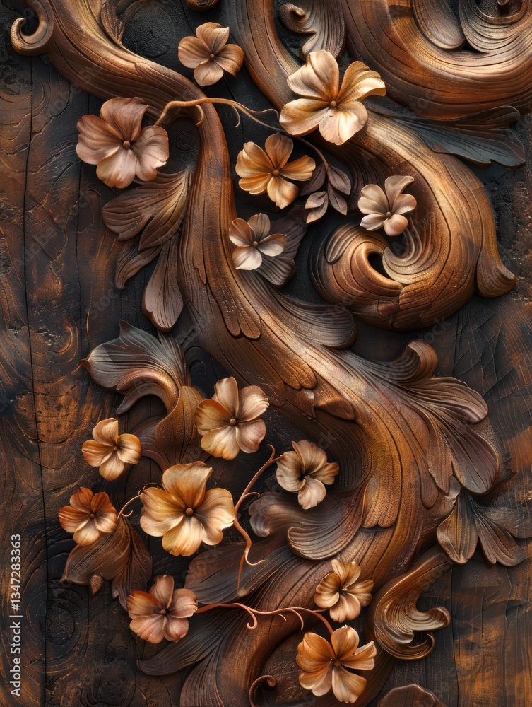 Soft floral carvings intertwine with the driftwood grain, enhanced by moody lighting that creates a calming ambiance Soft floral carvings intertwine with the driftwood grain, enhanced by moody lighting that creates a calming ambiance