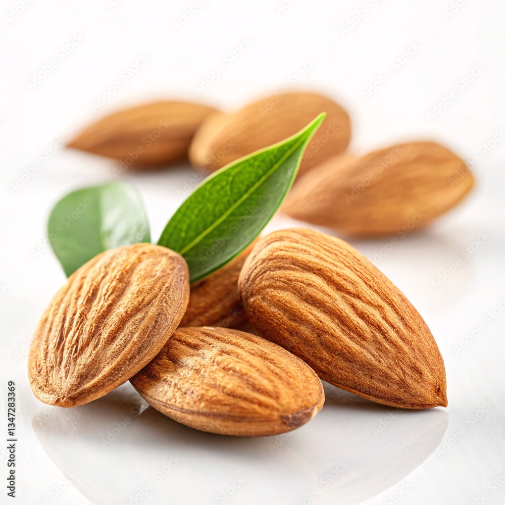 Almonds close up with fresh green leaf healthy snack food ingredient raw vegan diet protein source nutrition Almonds close up with fresh green leaf healthy snack food ingredient raw vegan diet protein source nutrition
