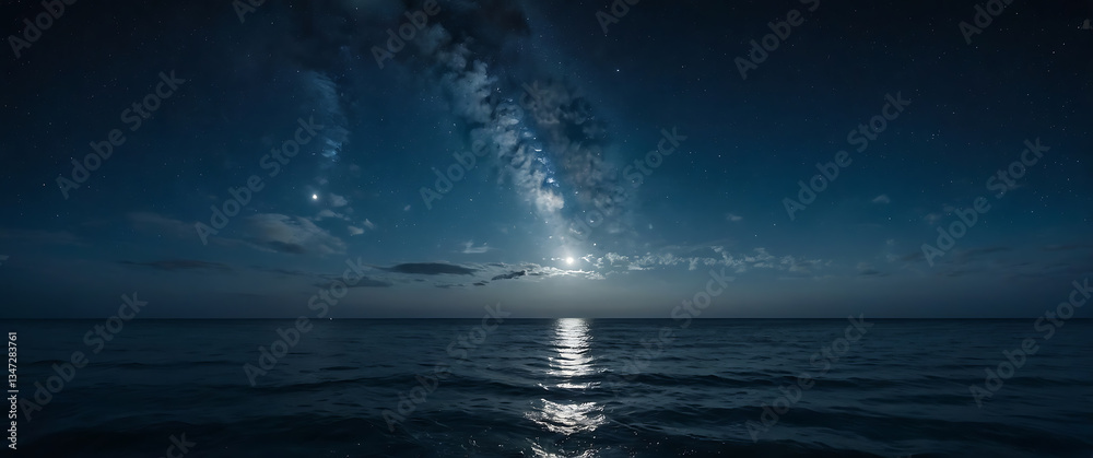 Fototapeta premium A panoramic night sky stretching over the open ocean, with the full moon casting a soft silver glow across the water. The waves gently ripple, reflecting the shimmering starlight.