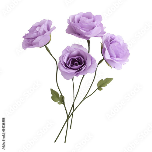 A bouquet of four purple roses is displayed on a white background. The flowers are arranged in a way that they are all facing the same direction, creating a sense of unity and harmony photo