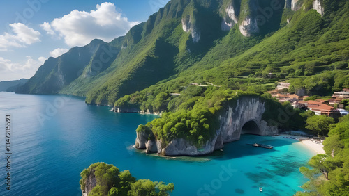 Aerial view of turquoise water hitting the idyllic white sand beach of Sabtang Island, Batanes, Philippines