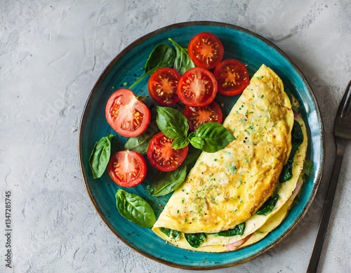 Stuffed omelette with tomatoes and spinach on light background with copy space. Top view, flat lay