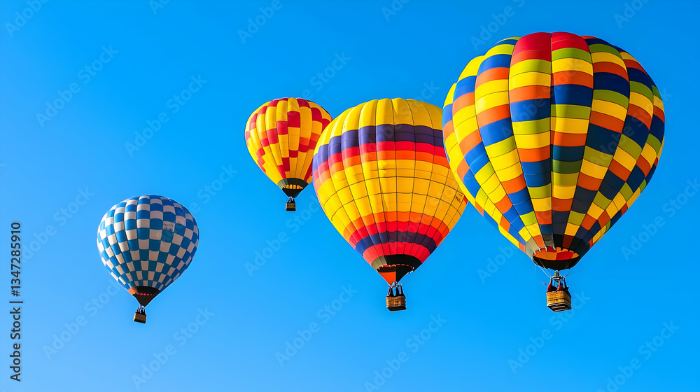 Naklejka premium Four Colorful Hot Air Balloons Soar Against A Vibrant Blue Sky During A Sunny Day