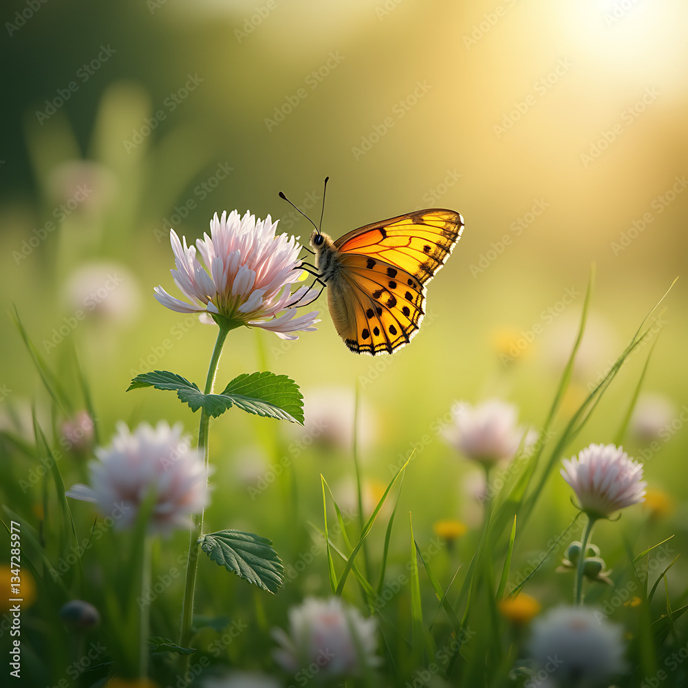 Close-up of Wild Clover Flowers and Butterfly in a Sunlit Meadow, Capturing the Beauty of Nature in Spring and Summer with Soft Focus Close-up of Wild Clover Flowers and Butterfly in a Sunlit Meadow, Capturing the Beauty of Nature in Spring and Summer with Soft Focus
