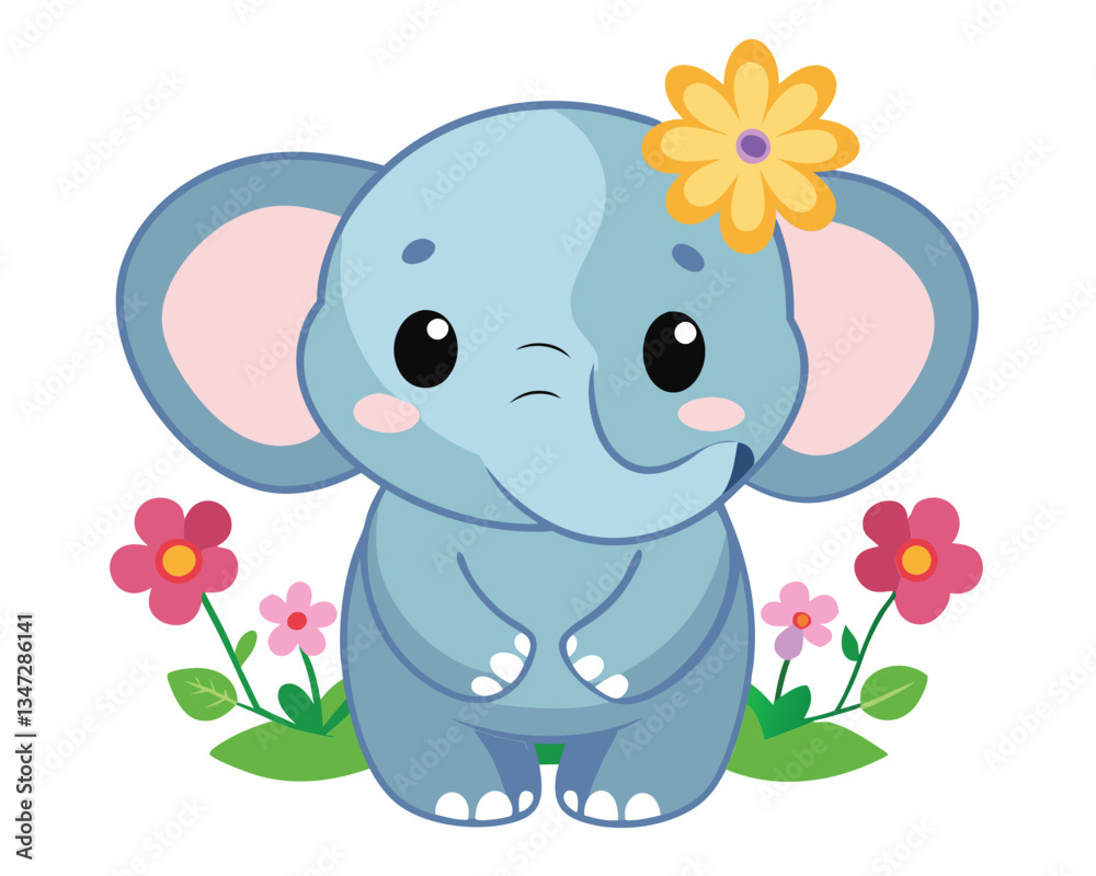 Fototapeta premium Cute Baby Elephant with Flowers. Adorable Animal Illustration