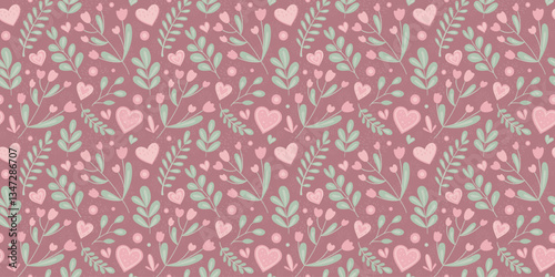 Hearts, leaves and flowers vector texture. Valentine's Day seamless pattern.