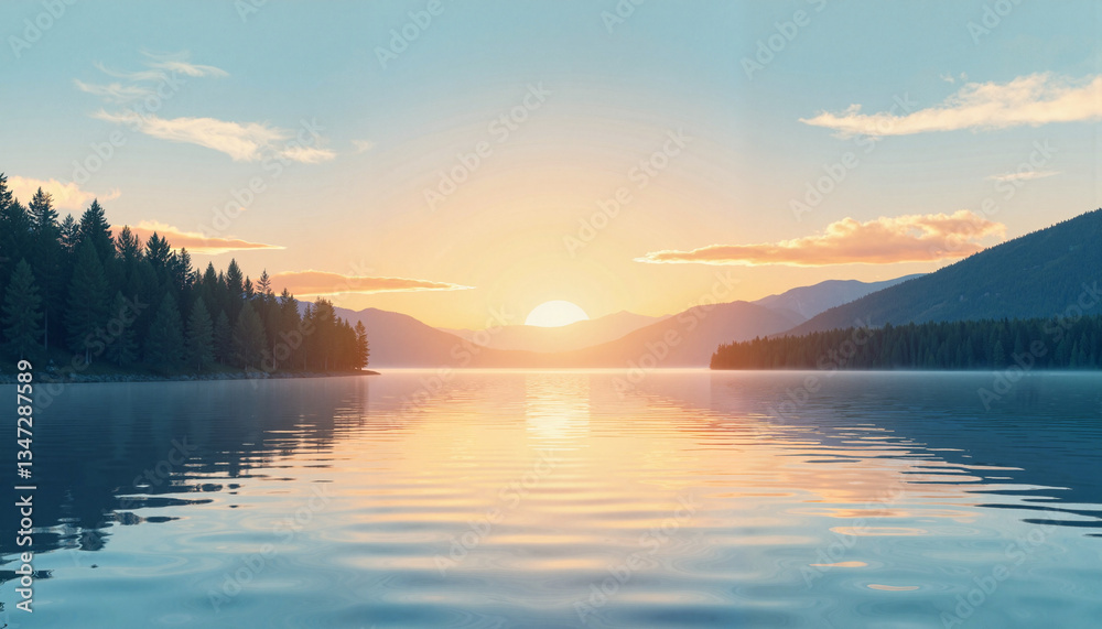 Fototapeta premium Tranquil lake reflecting sunset over peaceful forest, serene harmony
