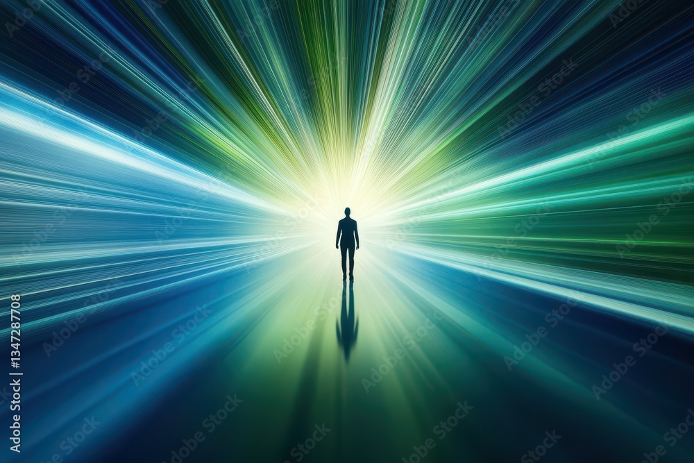 Person moving within a bright, blurry beam. Person moving within a bright, blurry beam.