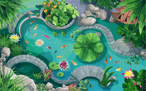 A pond with a bridge and a small house in the background. The pond is filled with fish and plants