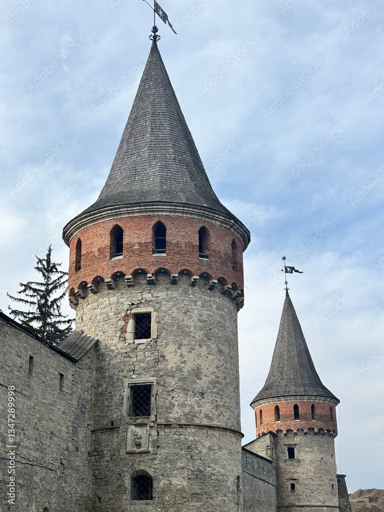 Obraz premium two castle towers with flags 