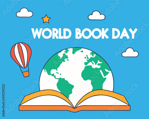 Celebrate World Book Day with this whimsical illustration of an open book revealing the world, complete with a hot air balloon and paper airplane.