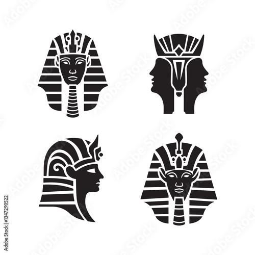 Egyptian pharaoh portrait, ancient Egyptian art style, black and white illustration
