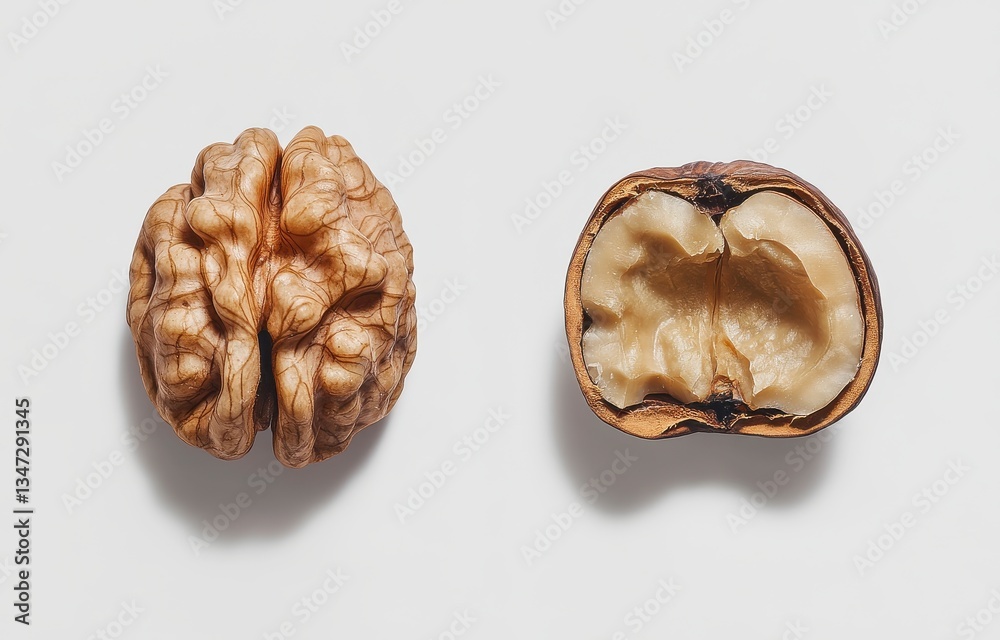 Two Walnuts on White Background One Whole, One Cracked Open Two Walnuts on White Background One Whole, One Cracked Open