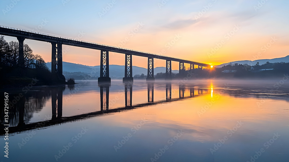 Fototapeta premium Bridge Silhouetted Against A Golden Sunrise Reflected In Calm Water