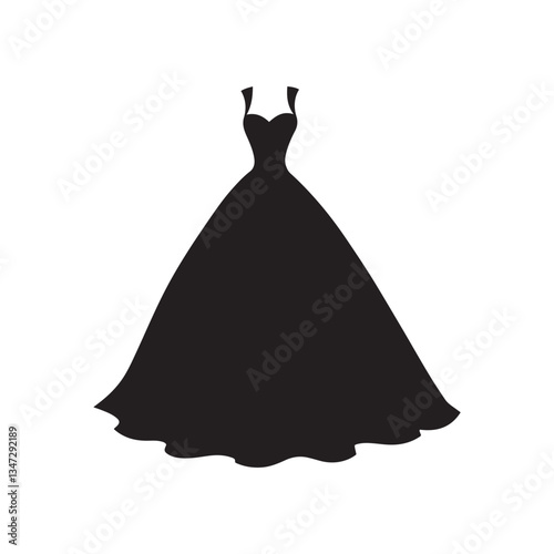 Black ballgown silhouette, elegant princess dress, vector graphic style  
