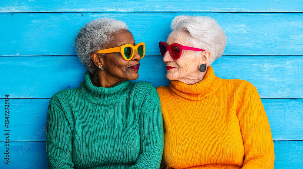 loving elderly lesbian couple in colorful sweaters sharing joyful moment embracing LGBTQ pride and lifelong companionship
