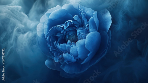 Fototapeta Naklejka Na Ścianę i Meble -  A mesmerizing close-up of a sapphire blue peony fading into swirling mist, ultra-realistic details with a dreamlike effect, fine-art photography capturing the delicate motion