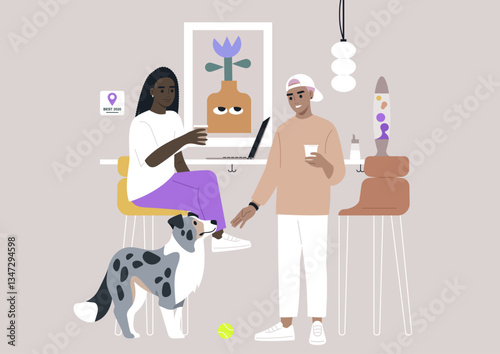 A vibrant coffee bar atmosphere comes alive as two patrons enjoy beverages while chatting, accompanied by a playful dog, The space is adorned with contemporary art and decor